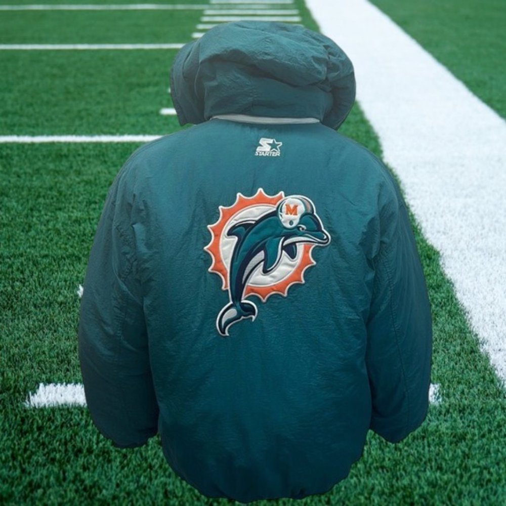 Vintage Miami Dolphins NFL Starter Full Embroidered Hooded Puffer Zip Jacket